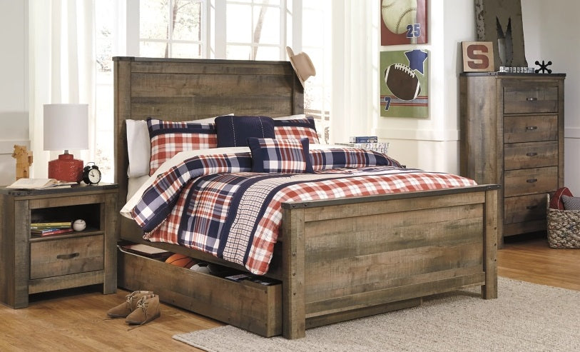 Trinell Full Panel Bed with 2 Storage Drawers Chest and nightstand