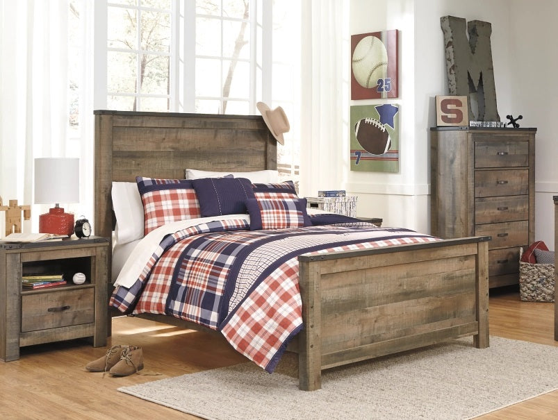 Trinell Full Panel Bed with 2 Storage Drawers Chest and nightstand