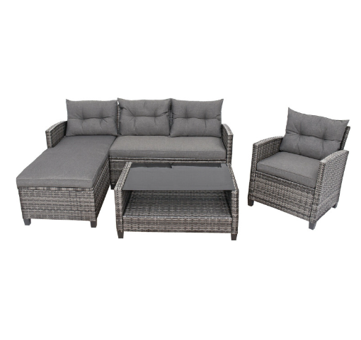 4 Pieces Patio Rattan Furniture Set with Cushion and Table Shelf