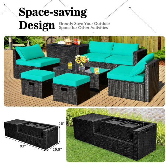 8 Pieces Patio Furniture Set with Storage Box and Waterproof Cover