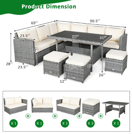 7 Pieces Outdoor Wicker Sectional Sofa Set with Dining Table