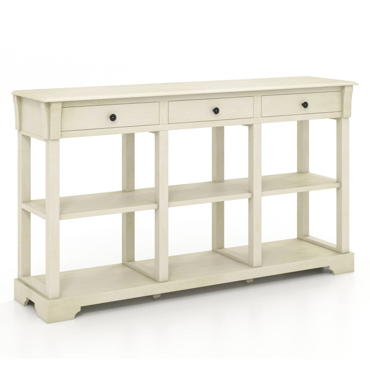 58 Inch Retro Console Table with 3 Drawers and Open Shelves Rectangular Entryway Table