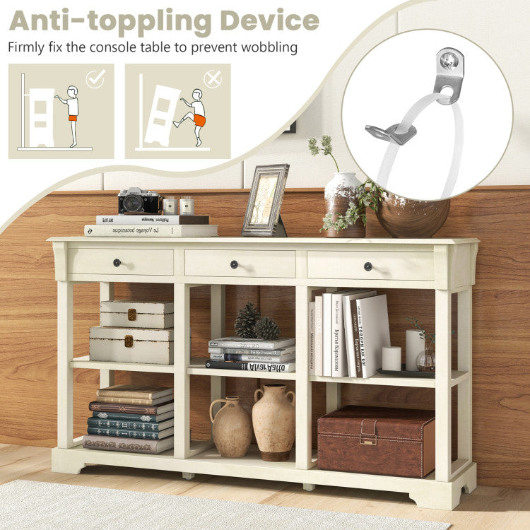 58 Inch Retro Console Table with 3 Drawers and Open Shelves Rectangular Entryway Table