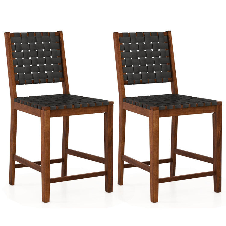 Set of 2 Woven Bar Stools with Faux PU Leather Straps
