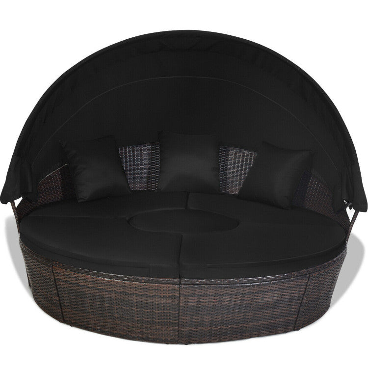 Outdoor Round Wicker Daybed with Retractable Canopy and Height Adjustable Coffee Table