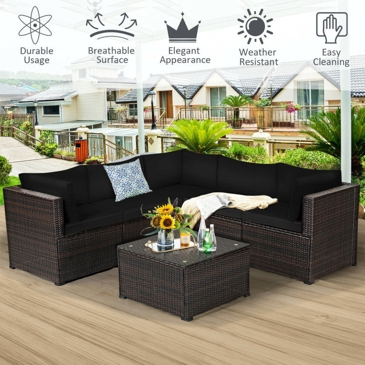 6 Pieces Rattan Patio Sectional Sofa Set with Cushions for 4-5 Person