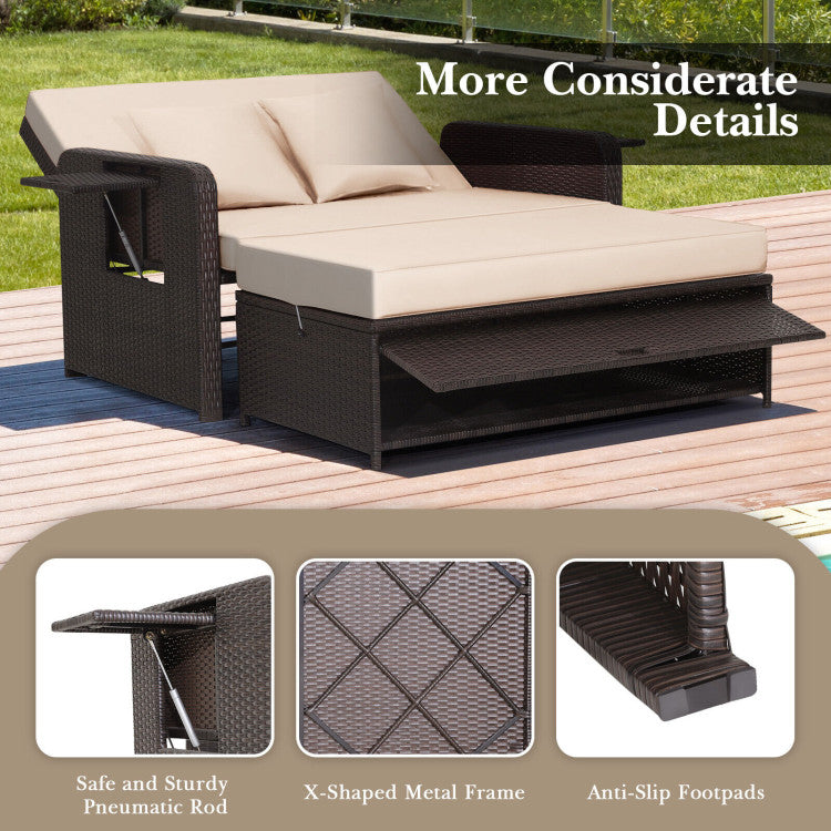 Patio Rattan Daybed with 4-Level Adjustable Backrest and Retractable Side Tray
