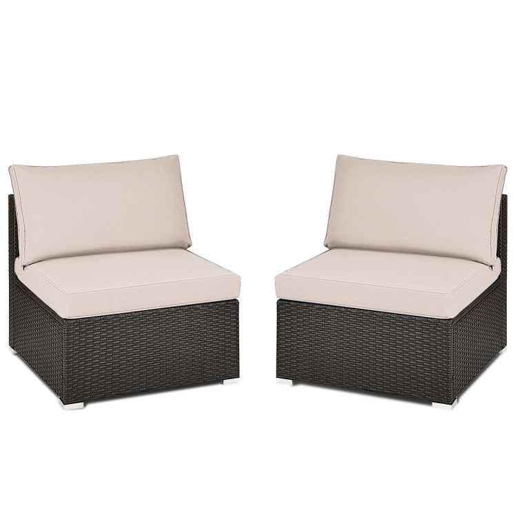 2 Pieces Patio Rattan Armless Sofa Set with 2 Cushions and 2 Pillows