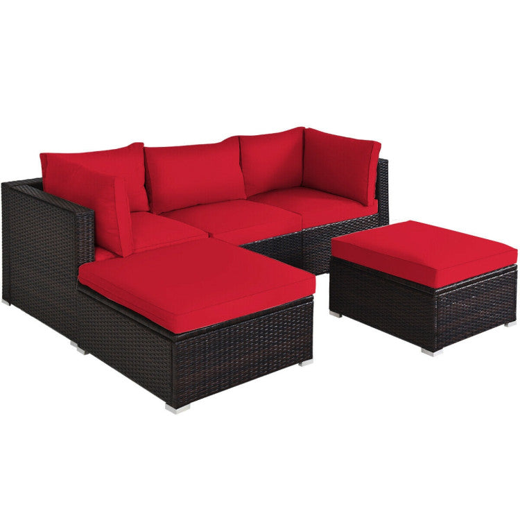 5 Pieces Patio Sectional Rattan Furniture Set with Ottoman Table