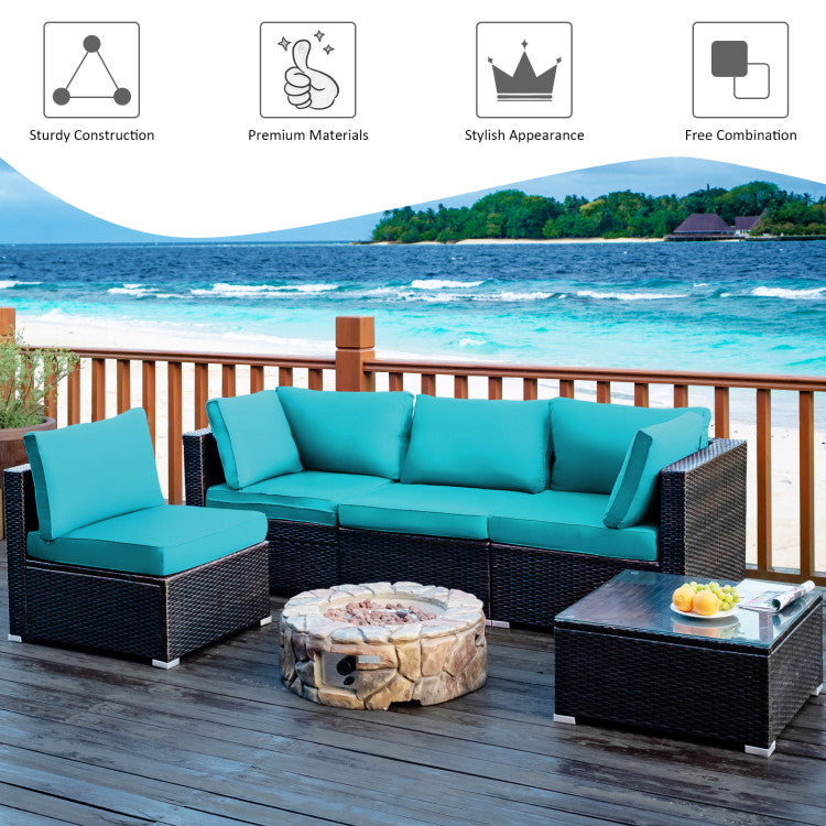 5 Pieces Cushioned Patio Rattan Furniture Set with Glass Table
