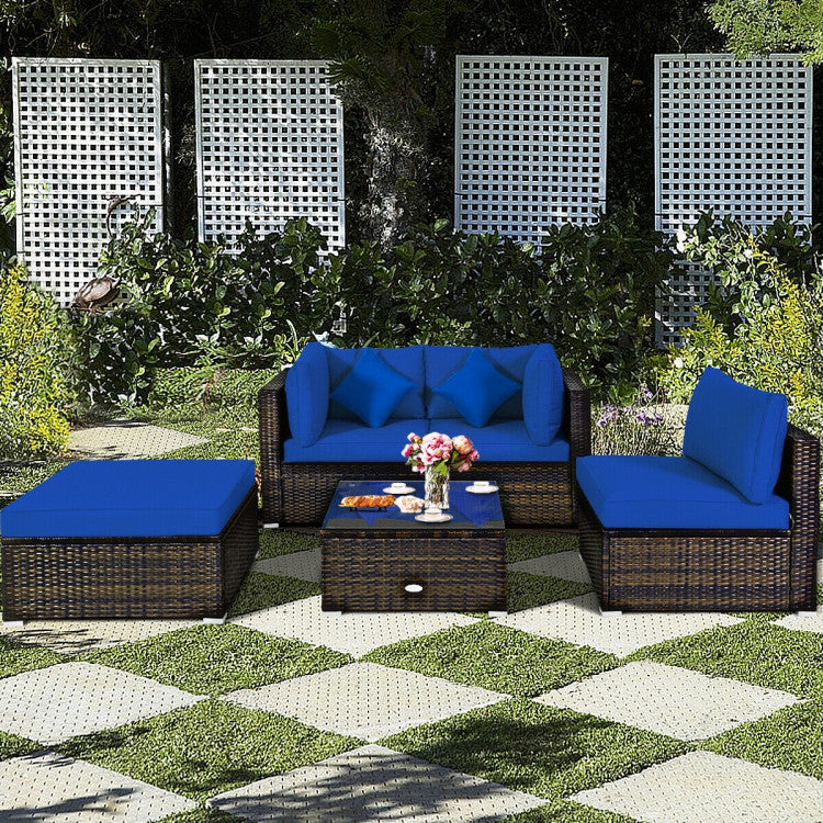 5 Pieces Outdoor Patio Rattan Furniture Set Sectional Conversation with Cushions(clearance)