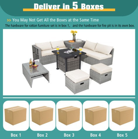 9 Pieces Outdoor Patio Furniture Set with 32-Inch Propane Fire Pit Table