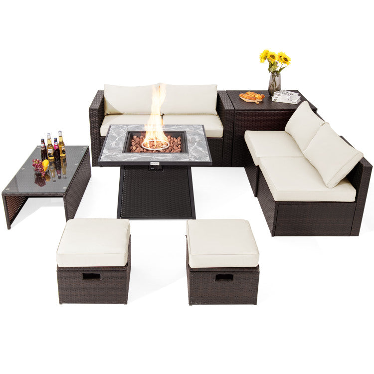 9 Pieces Patio PE Wicker Sectional Set with 50000 BTU Fire Pit Table