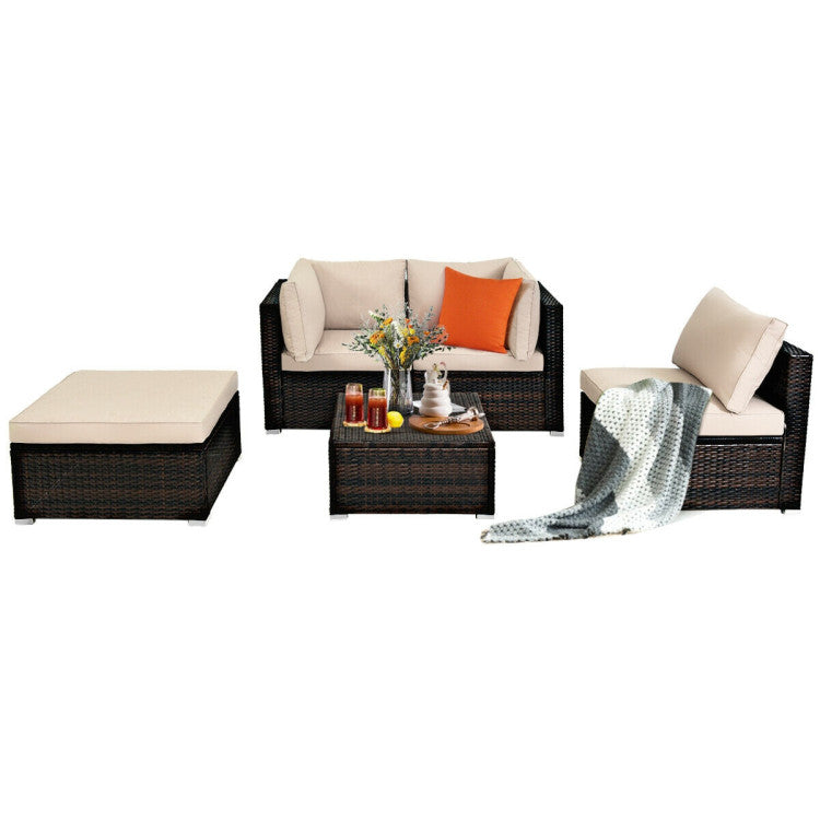 5 Pieces Patio Sectional Rattan Furniture Set with Ottoman Table