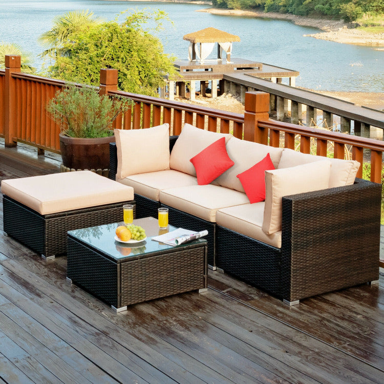 5 Pieces Outdoor Patio Rattan Furniture Set Sectional Conversation with Cushions(clearance)