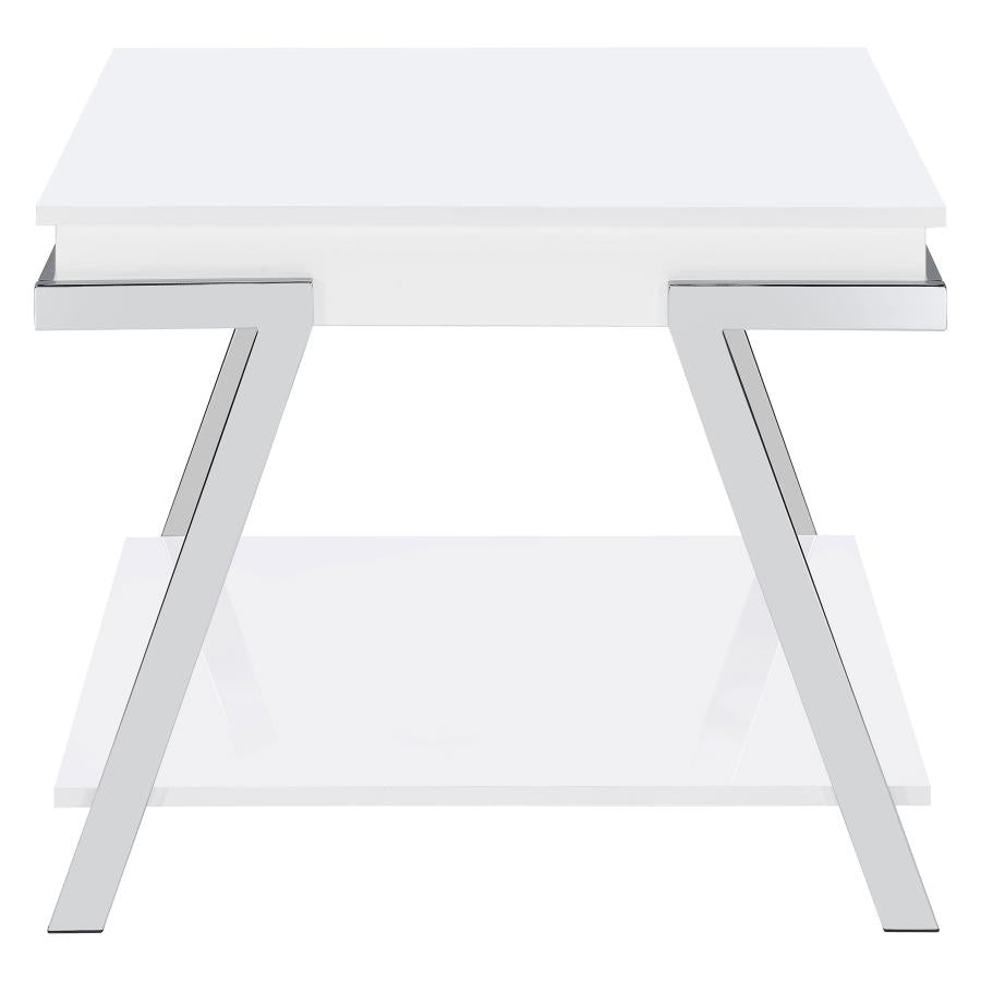 Marcia Wood Rectangular End Table White High Gloss and Chrome