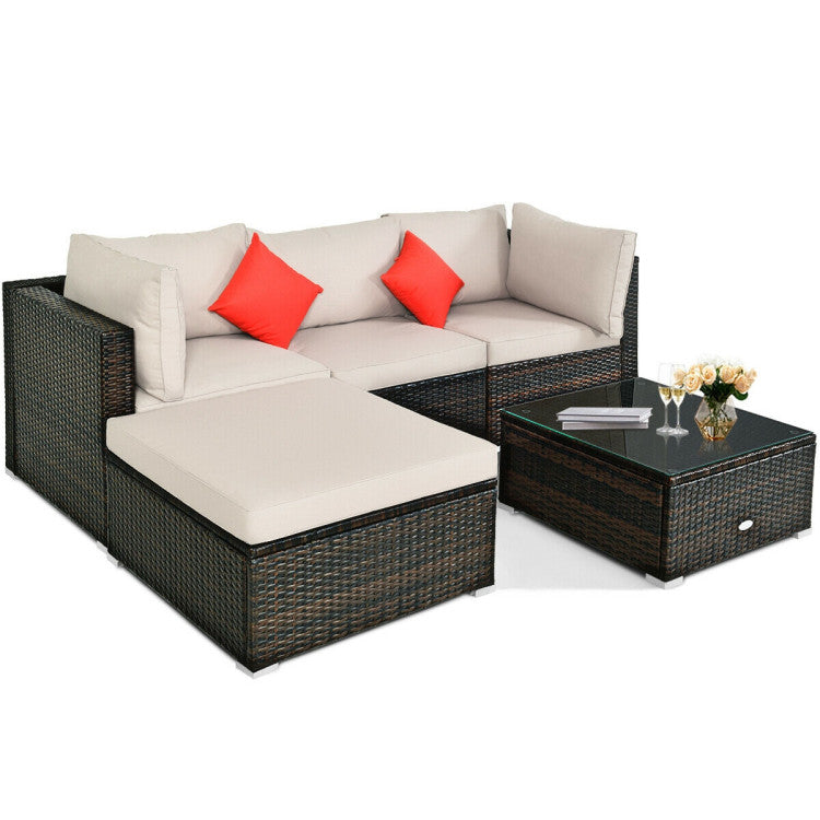 5 Pieces Outdoor Patio Rattan Furniture Set Sectional Conversation with Cushions(clearance)