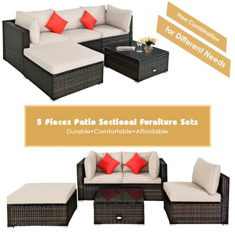 5 Pieces Outdoor Patio Rattan Furniture Set Sectional Conversation with Cushions(clearance)
