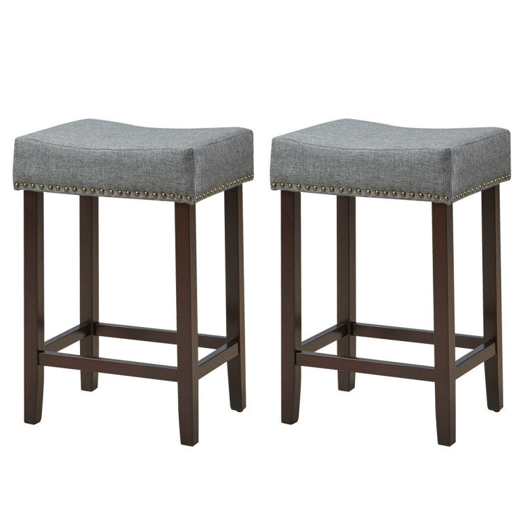 24 Inch 2 Pieces Nailhead Saddle Bar Stools with Fabric Seat and Wood Legs