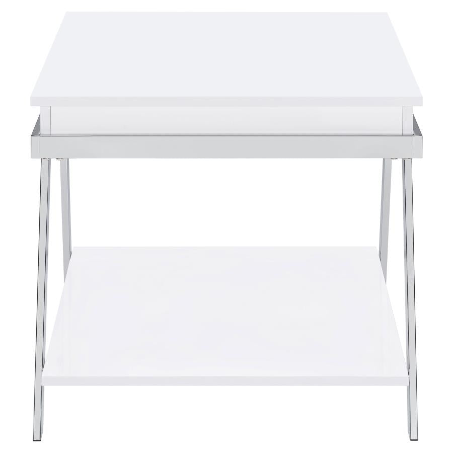 Marcia Wood Rectangular End Table White High Gloss and Chrome