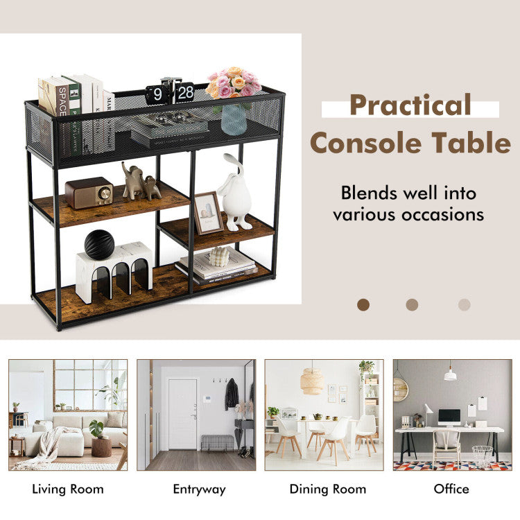 4-Tier Industrial Console Table with Wire Basket and shelf