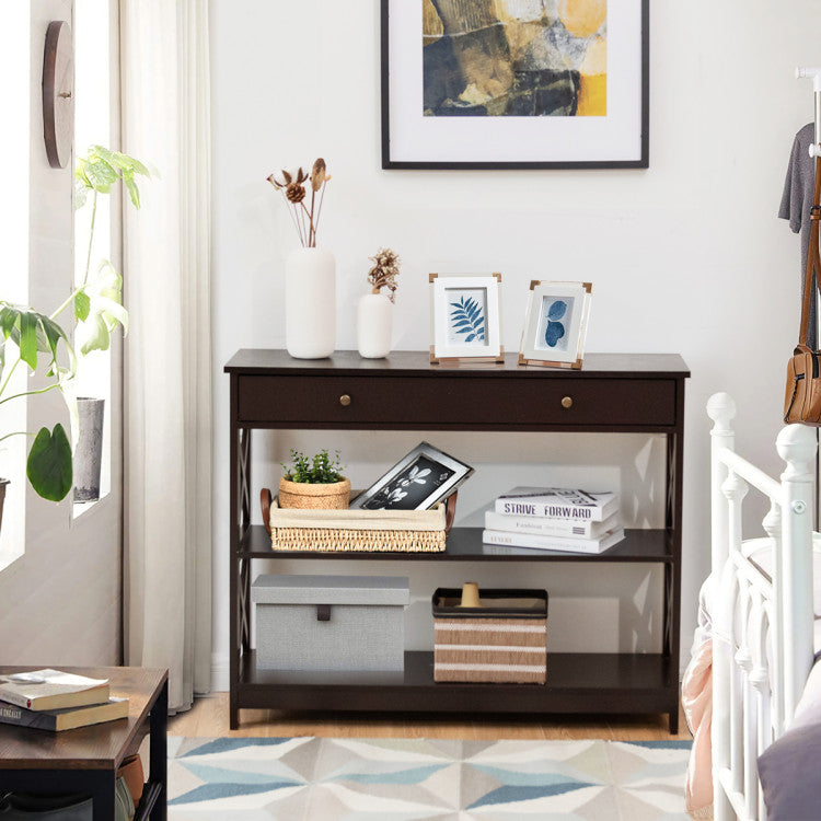 Console Table 3-Tier with Drawer and Storage Shelves