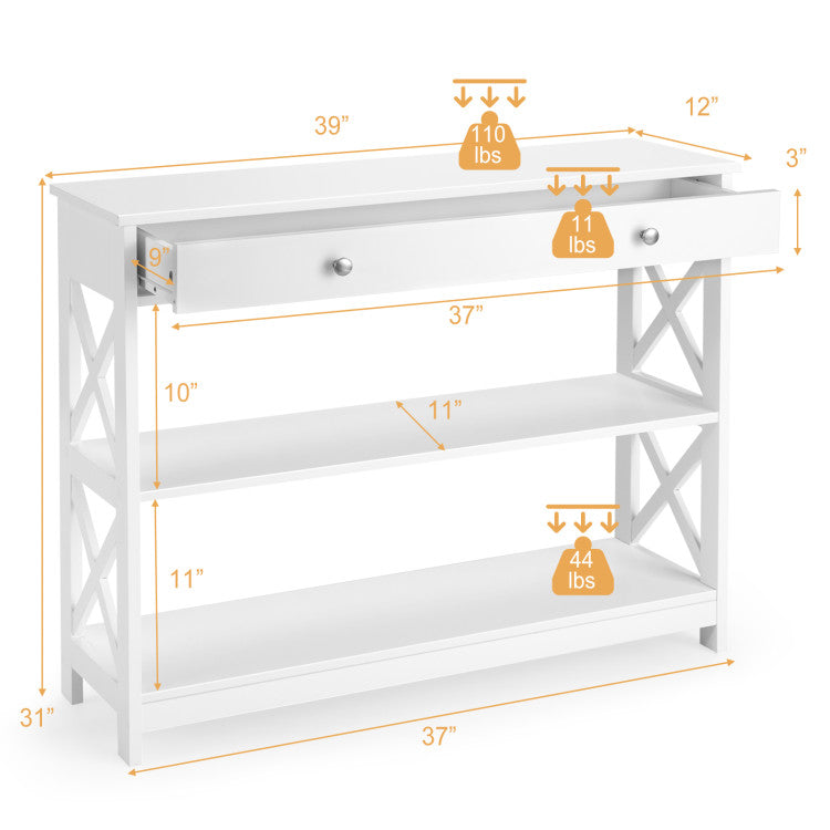 Console Table 3-Tier with Drawer and Storage Shelves