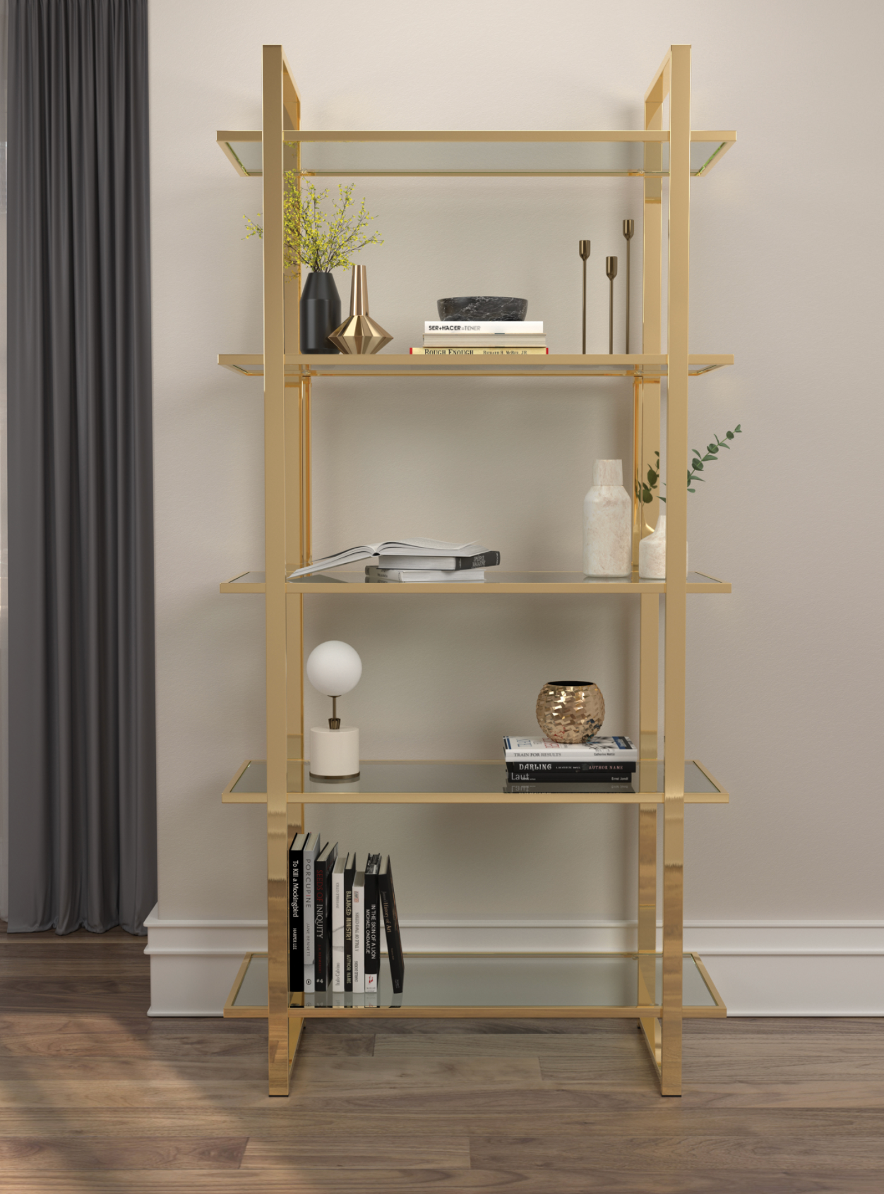 Glass Shelf Bookcase Polished Gold