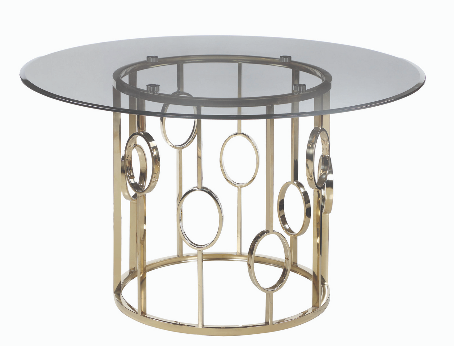 Lindsey Round Glass Top Dining Table Sunny Gold with blue chairs