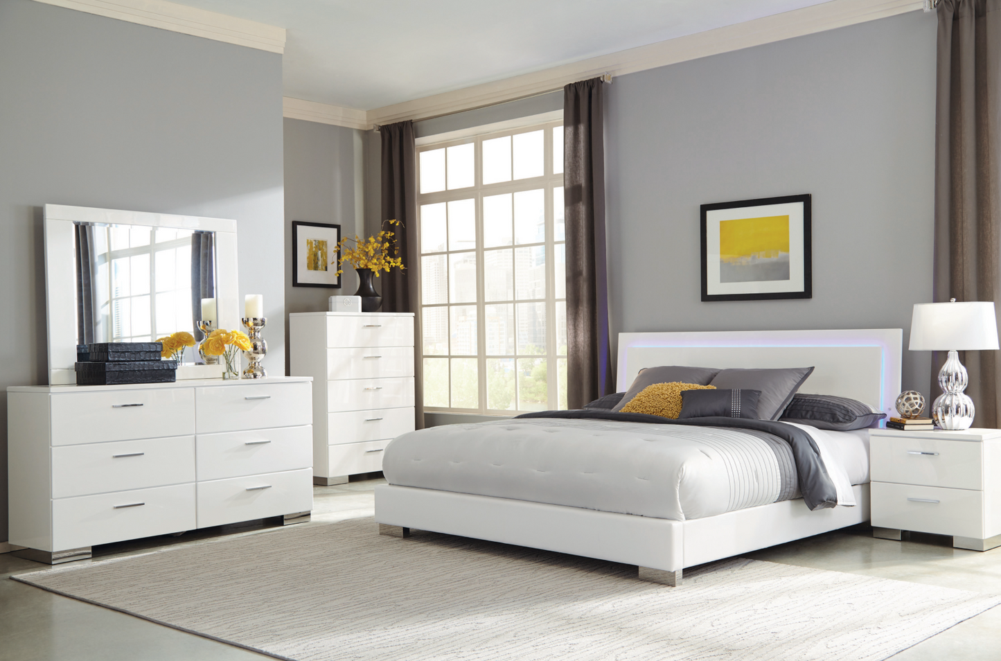 Felicity Panel Bed Set With LED Lighting Glossy White