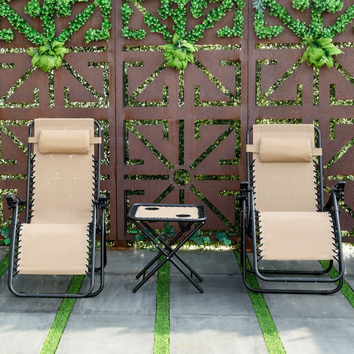 3 Pieces Folding Portable Reclining Lounge Chairs Table Set