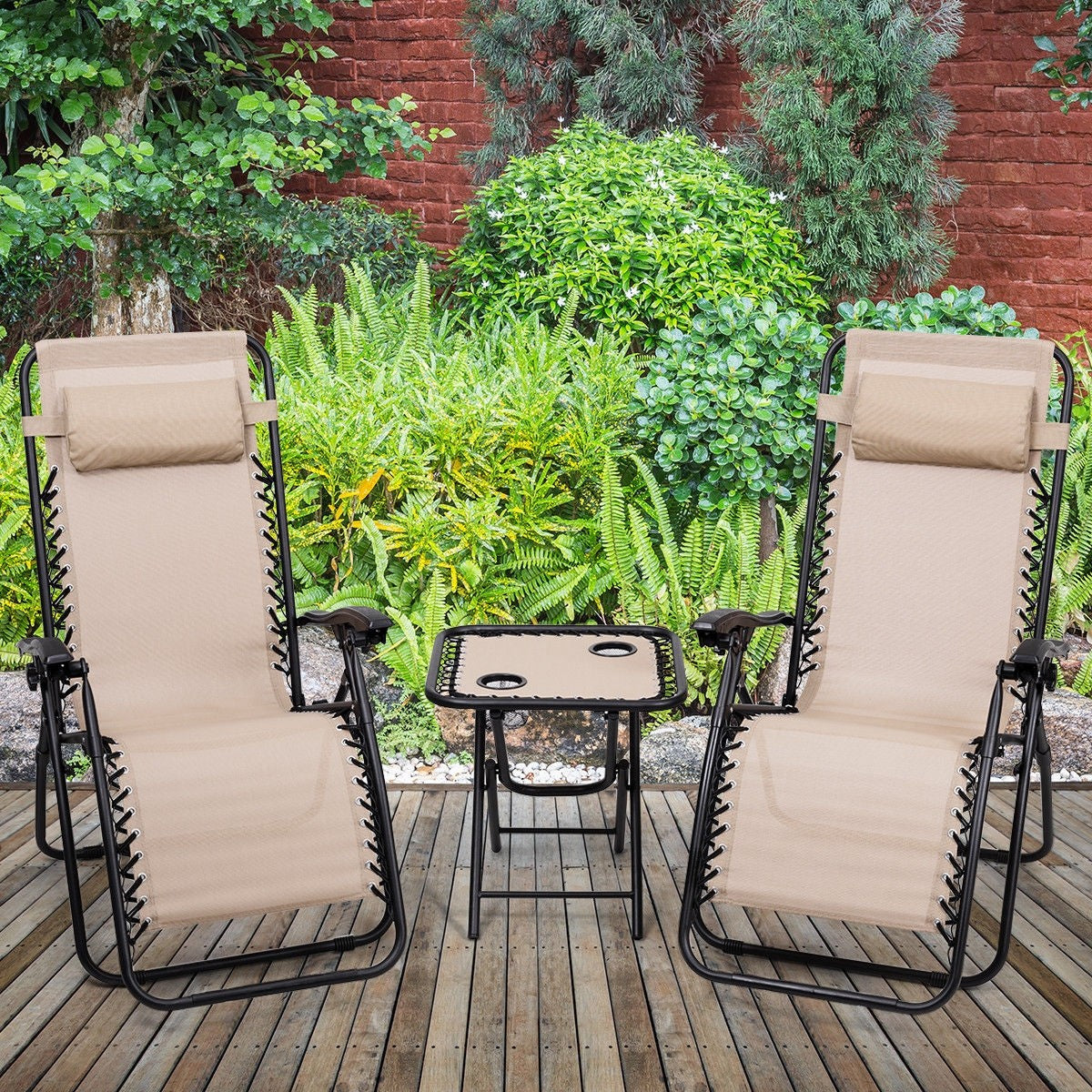3 Pieces Folding Portable Reclining Lounge Chairs Table Set