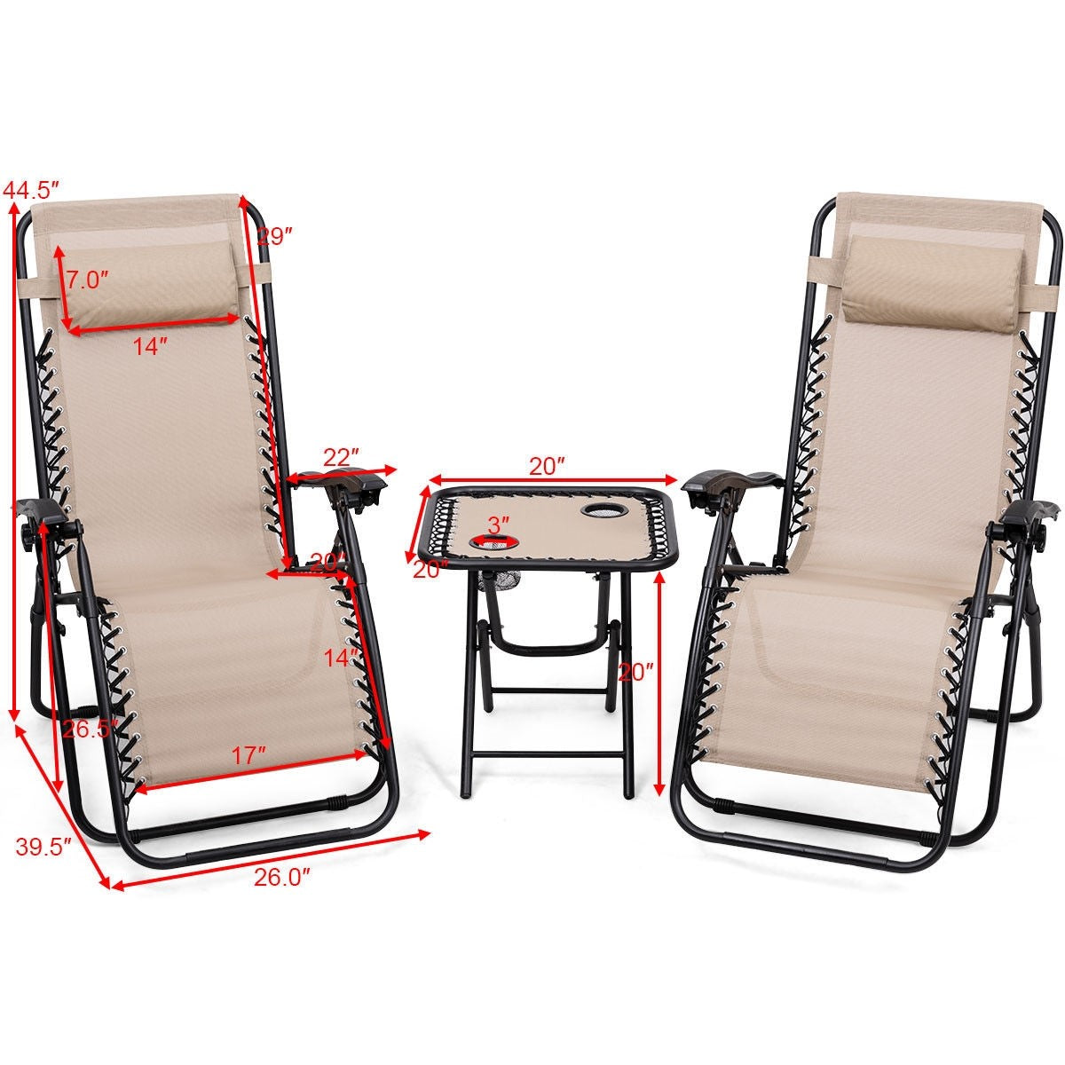 3 Pieces Folding Portable Reclining Lounge Chairs Table Set