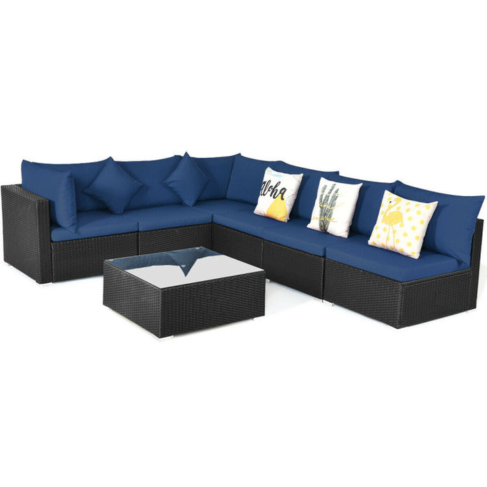 7 Pieces Sectional Wicker Furniture Sofa Set with Tempered Glass Top