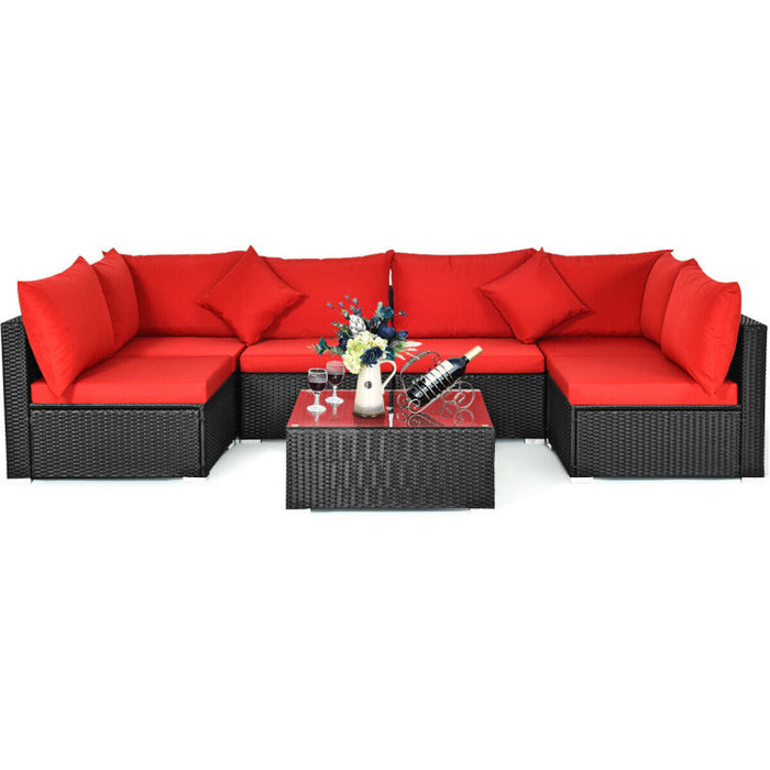 7 Pieces Sectional Wicker Furniture Sofa Set with Tempered Glass Top