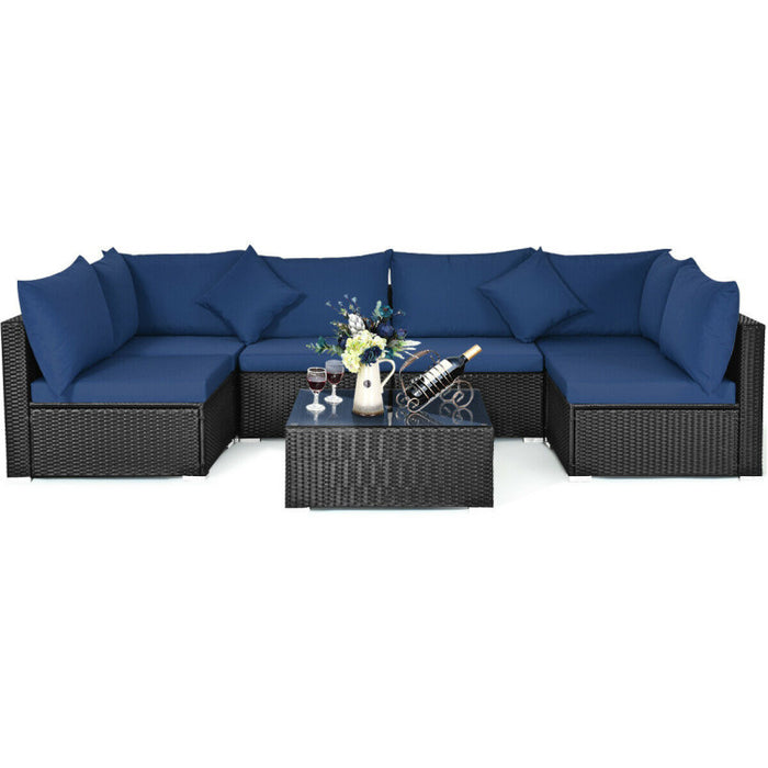 7 Pieces Sectional Wicker Furniture Sofa Set with Tempered Glass Top