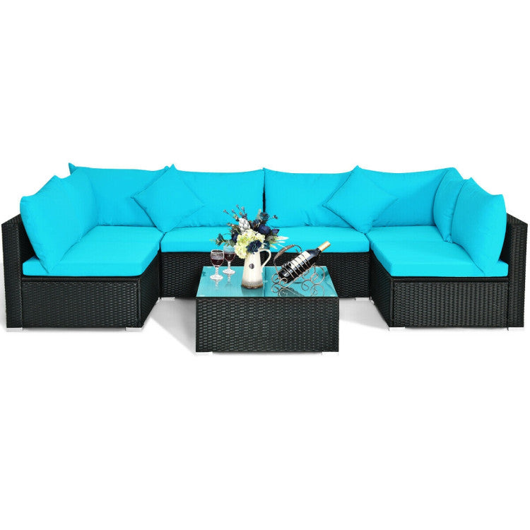 7 Pieces Sectional Wicker Furniture Sofa Set with Tempered Glass Top