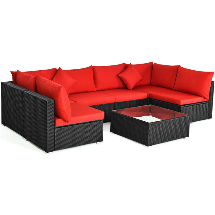 7 Pieces Sectional Wicker Furniture Sofa Set with Tempered Glass Top