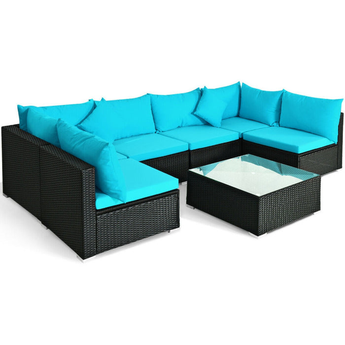 7 Pieces Sectional Wicker Furniture Sofa Set with Tempered Glass Top