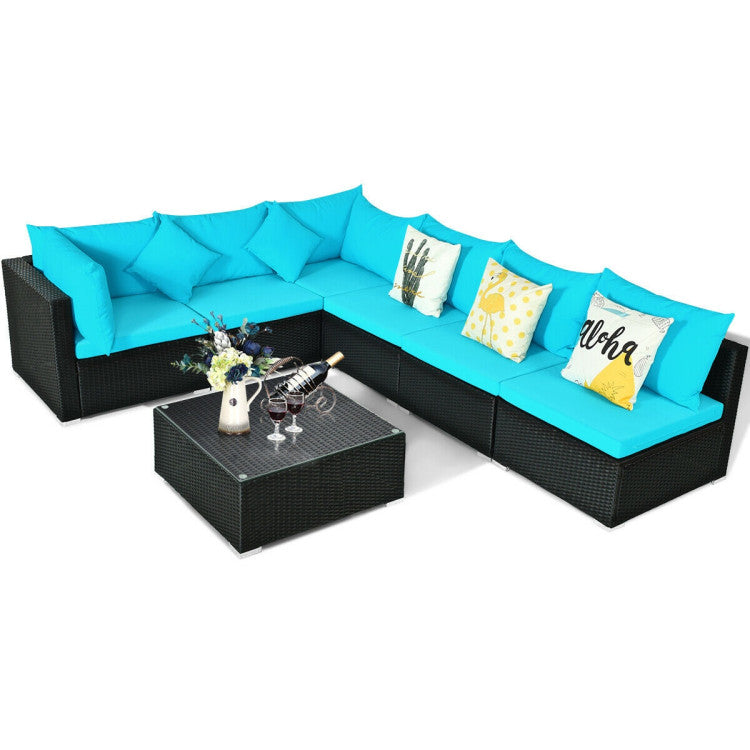 7 Pieces Sectional Wicker Furniture Sofa Set with Tempered Glass Top