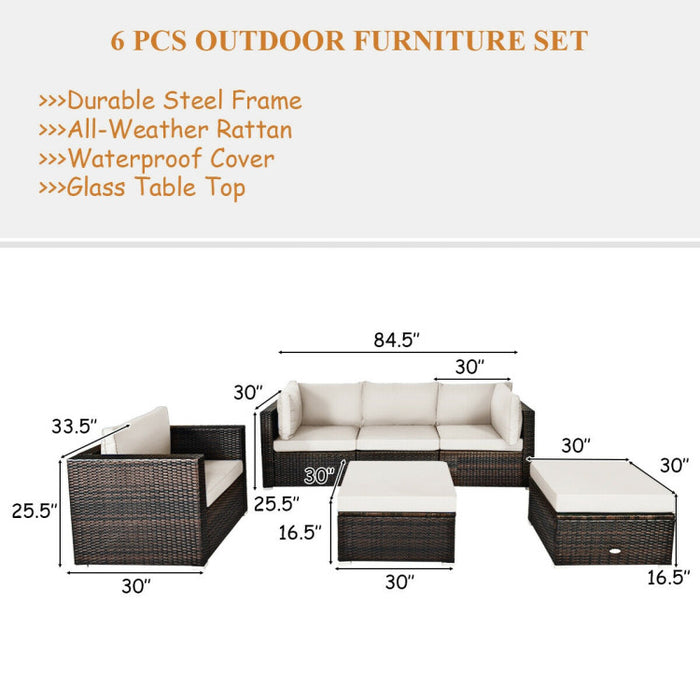 6 Pieces Patio Rattan Furniture Set with Sectional Cushion