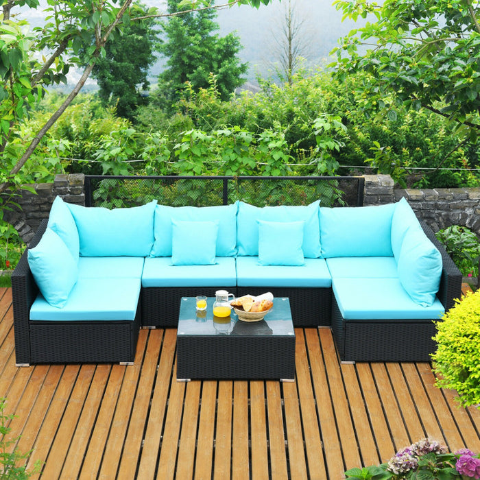 7 Pieces Sectional Wicker Furniture Sofa Set with Tempered Glass Top