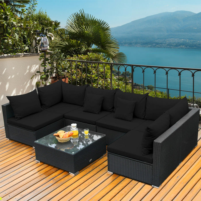 7 Pieces Sectional Wicker Furniture Sofa Set with Tempered Glass Top