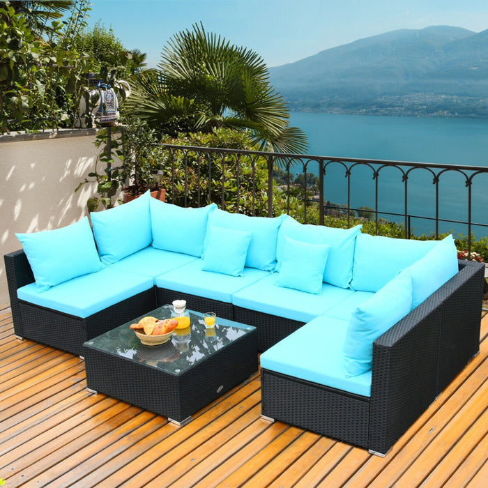 7 Pieces Sectional Wicker Furniture Sofa Set with Tempered Glass Top