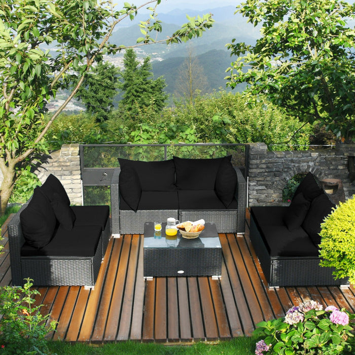 7 Pieces Sectional Wicker Furniture Sofa Set with Tempered Glass Top