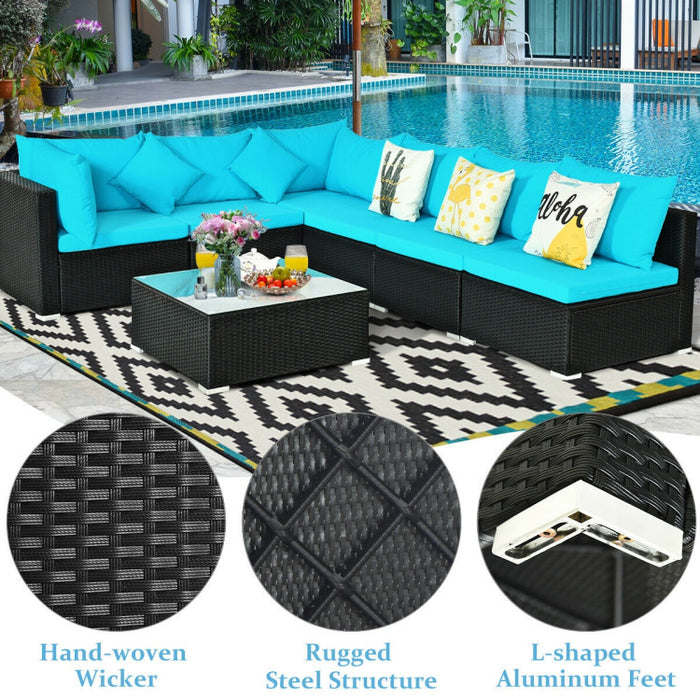 7 Pieces Sectional Wicker Furniture Sofa Set with Tempered Glass Top