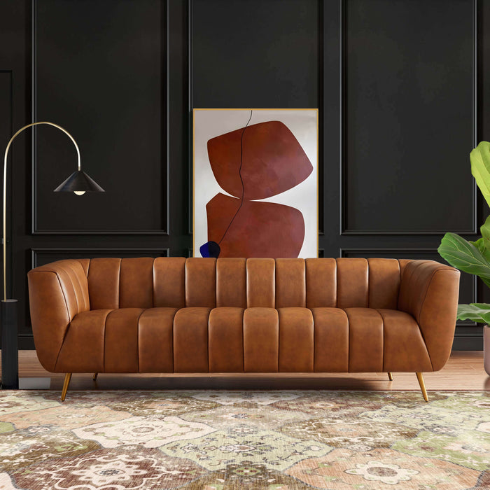 Ava Genuine Italian Tan Leather Channel Tufted Sofa