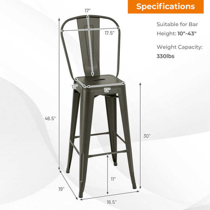 30 Inch Set of 4 Modern Metal Industrial Bar Stools with Removable High Back