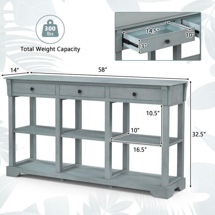 58 Inch Retro Console Table with 3 Drawers and Open Shelves Rectangular Entryway Table