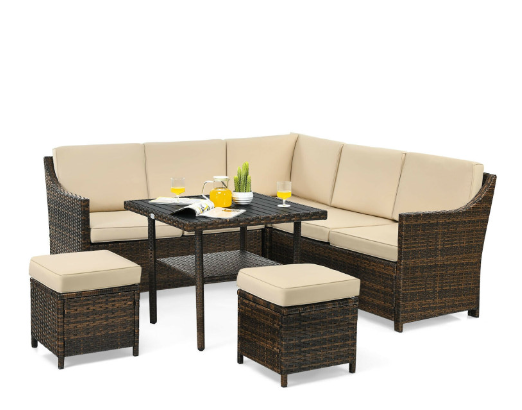 6 Pieces Patio Rattan Dining Sofa Funiture Set